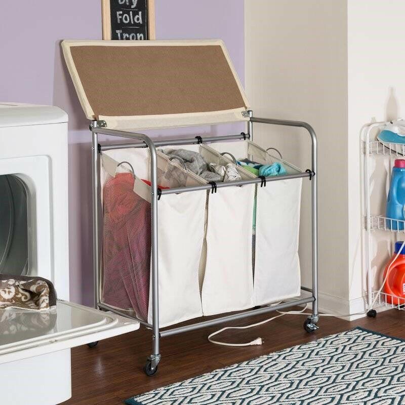 3 Section Wheeled Laundry Sorter Cart with Lift Top Folding Ironing Board - FurniFindUSA