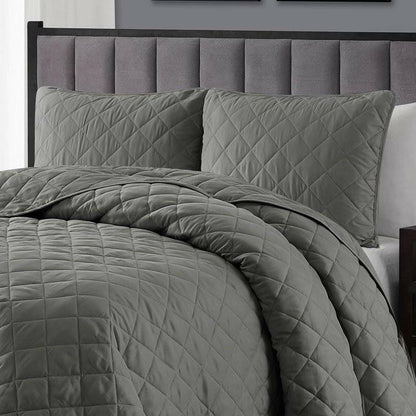 Twin/Twin XL 2-Piece Dark Grey Polyester Microfiber Diamond Quilt Set - FurniFindUSA