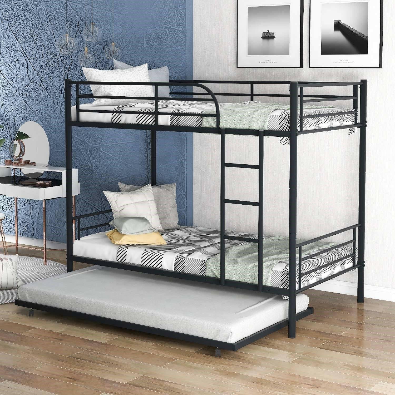 Twin over Twin Bunk bed with Trundle Bed in Black Metal Finish - FurniFindUSA
