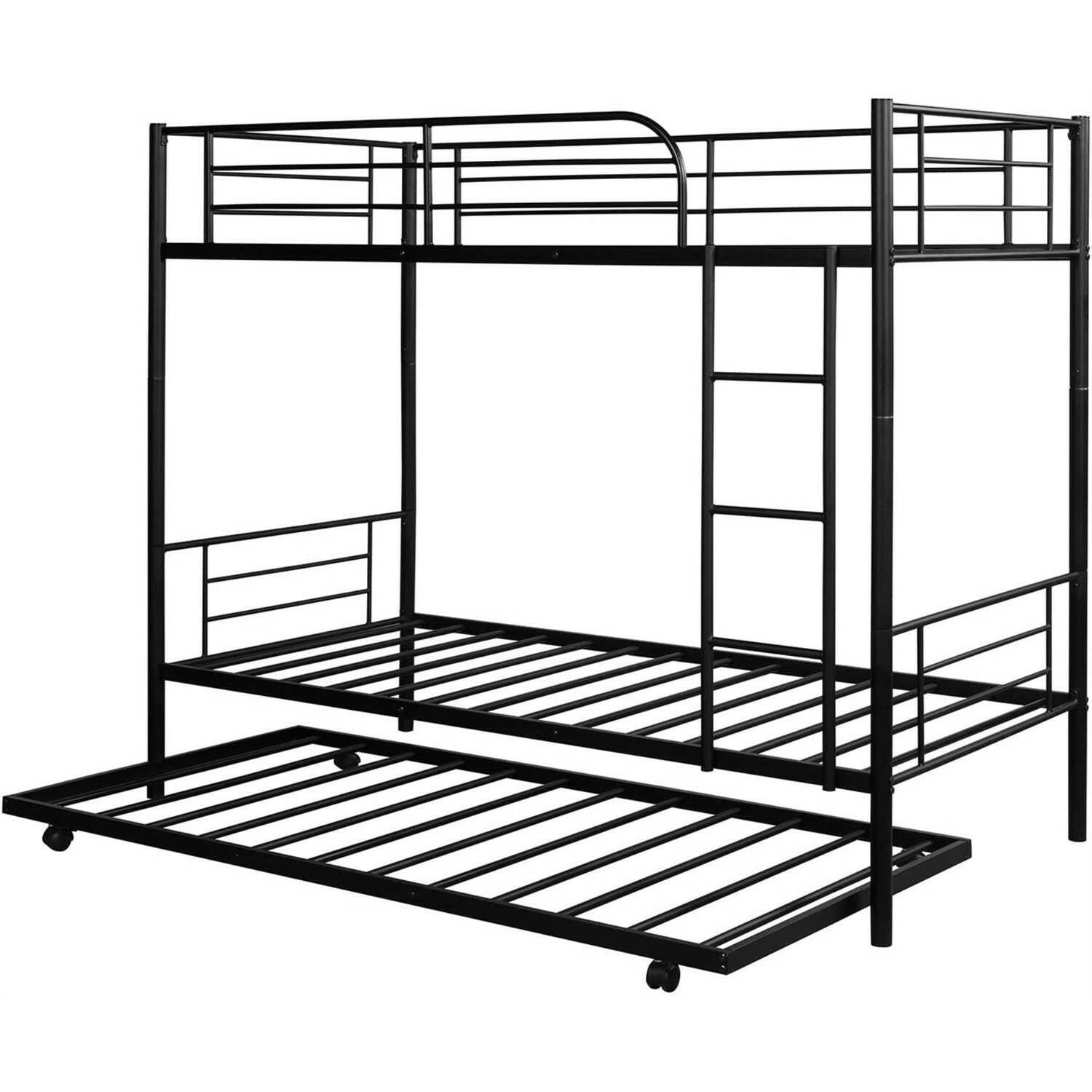 Twin over Twin Bunk bed with Trundle Bed in Black Metal Finish - FurniFindUSA