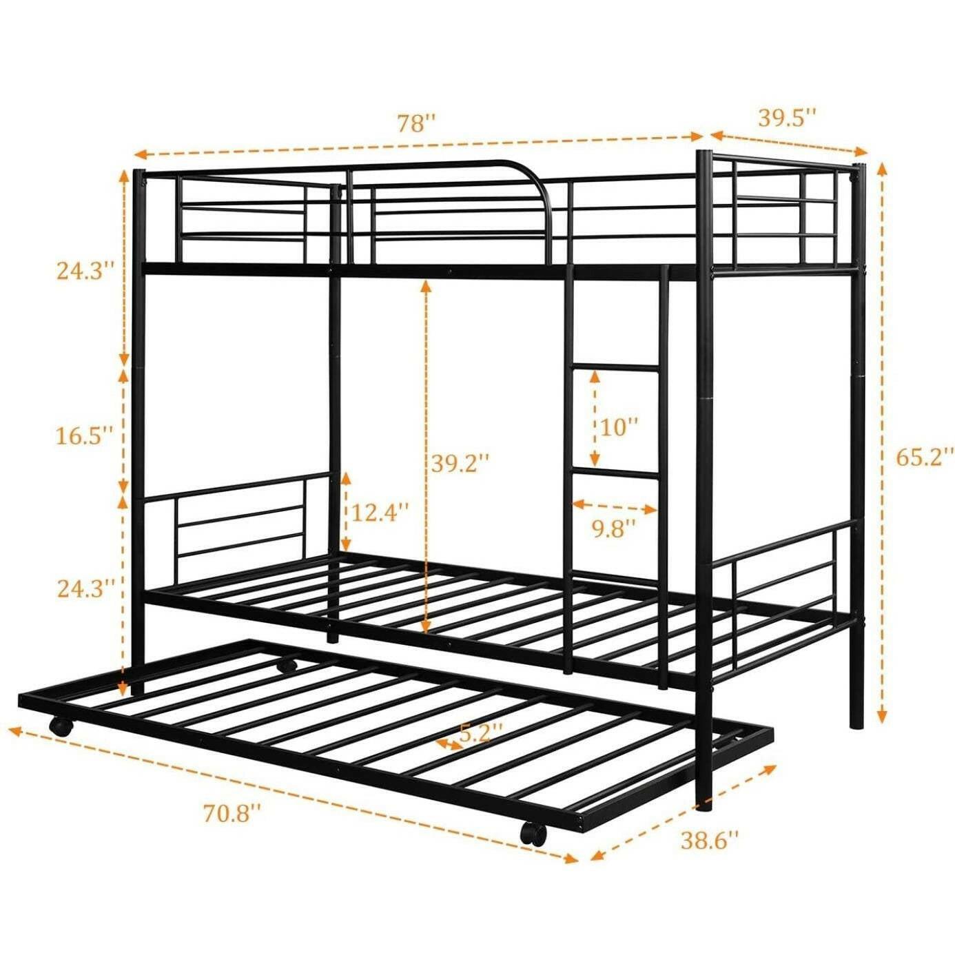 Twin over Twin Bunk bed with Trundle Bed in Black Metal Finish - FurniFindUSA