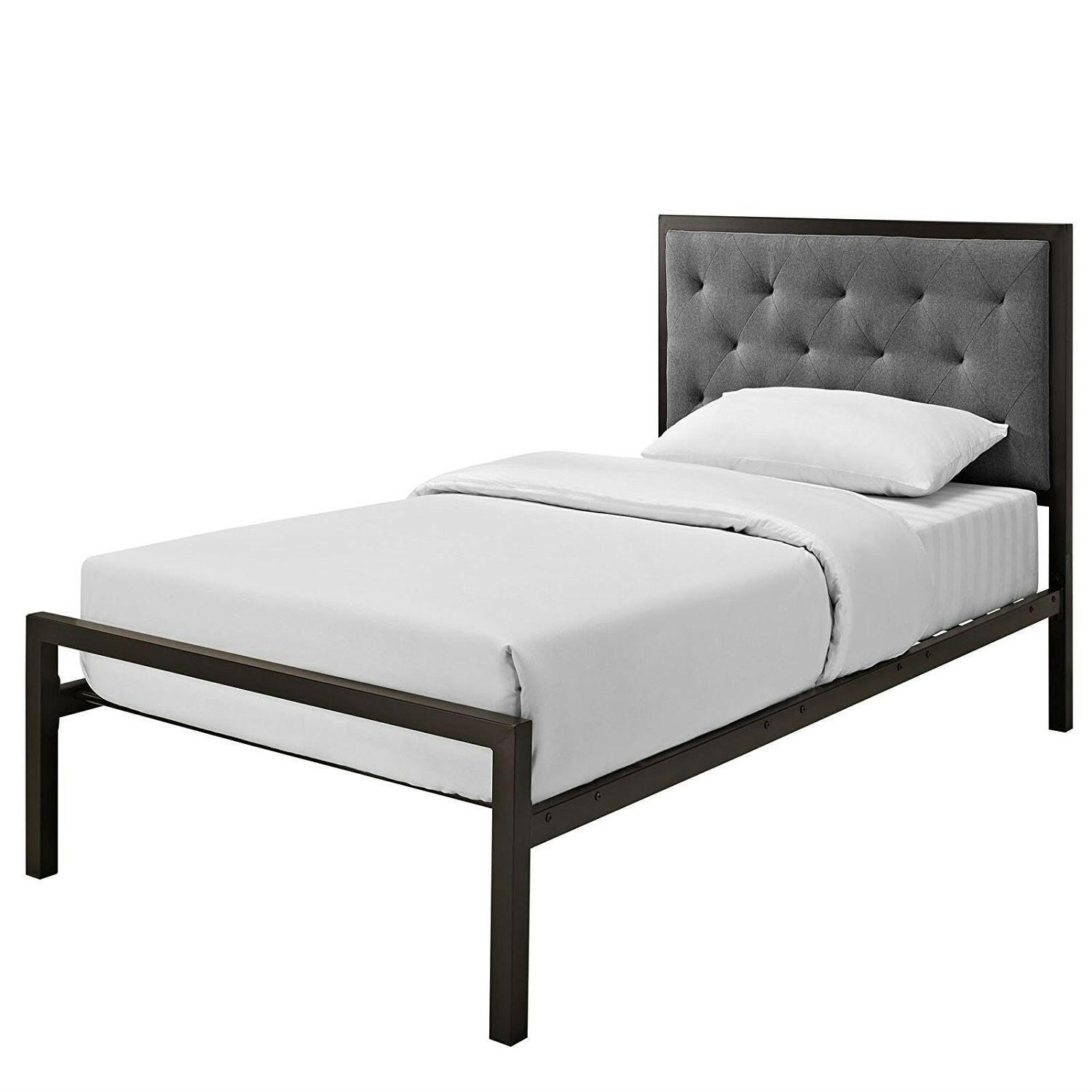 Twin Metal Platform Bed with Gray Fabric Button Tufted Upholstered Headboard - FurniFindUSA