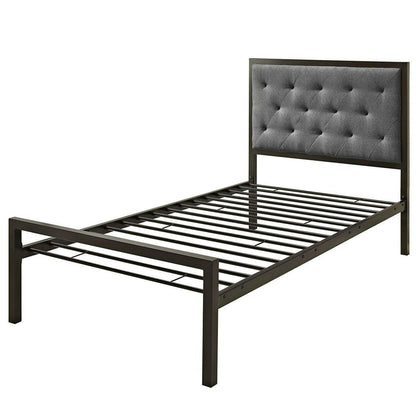 Twin Metal Platform Bed with Gray Fabric Button Tufted Upholstered Headboard - FurniFindUSA