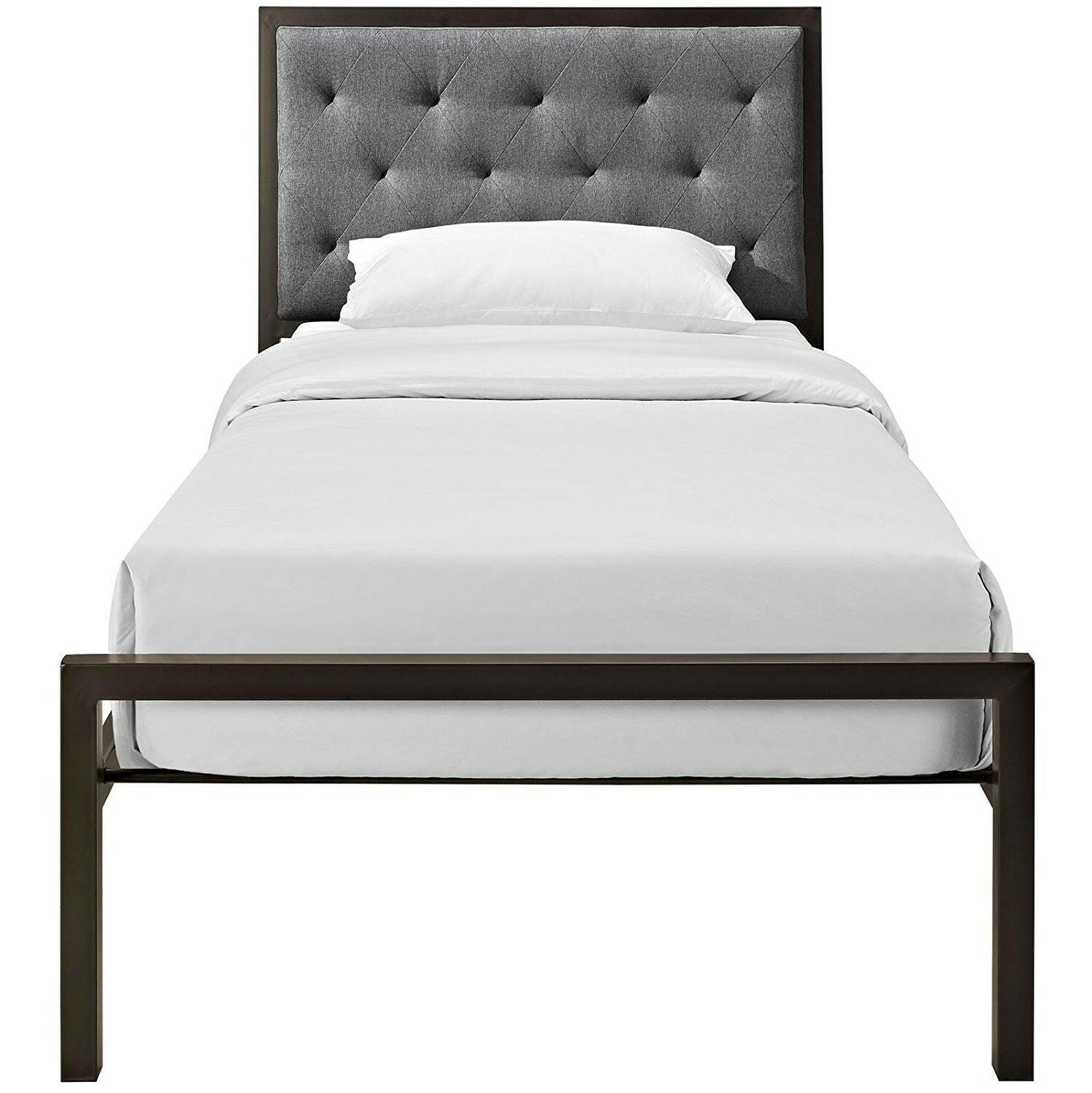 Twin Metal Platform Bed with Gray Fabric Button Tufted Upholstered Headboard - FurniFindUSA