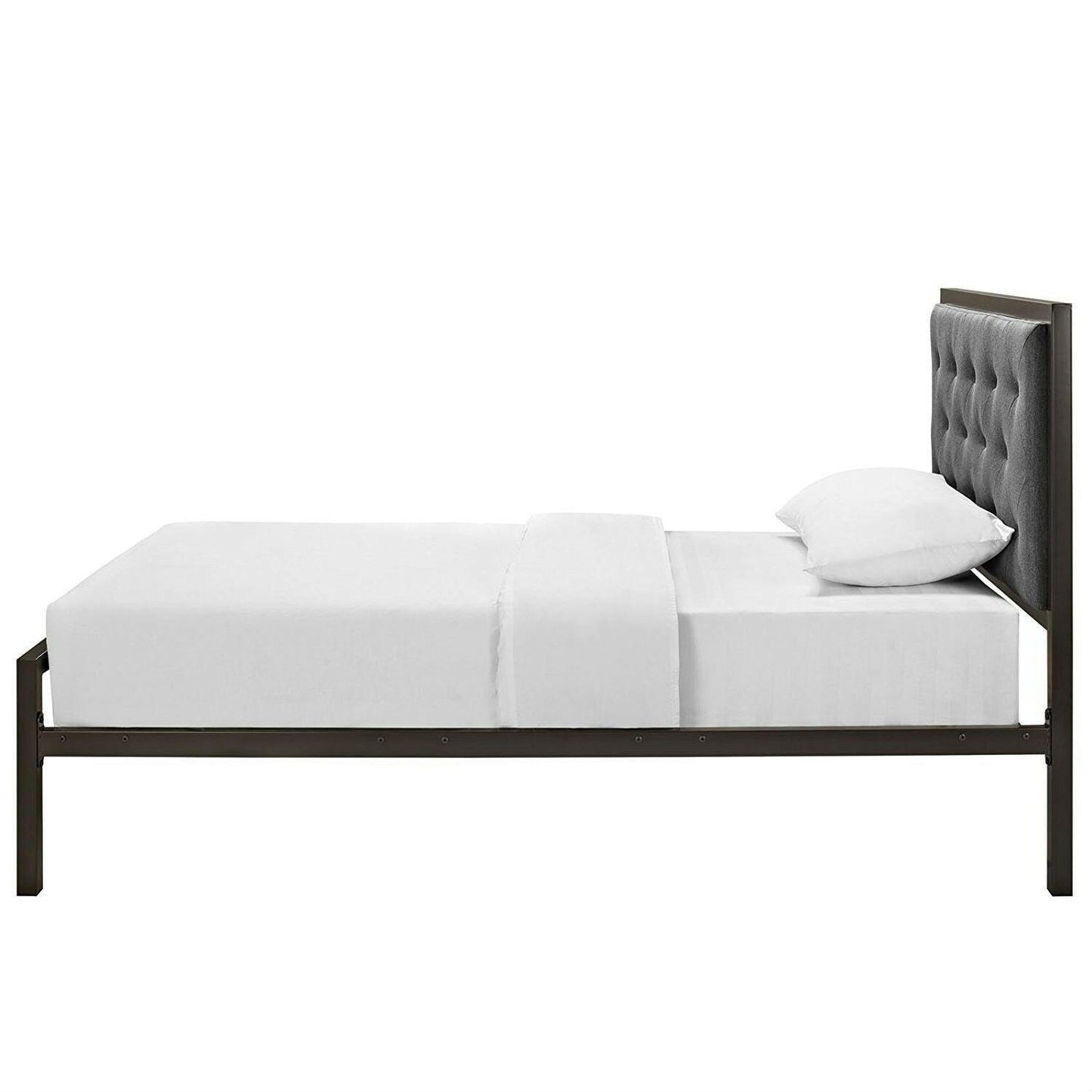 Twin Metal Platform Bed with Gray Fabric Button Tufted Upholstered Headboard - FurniFindUSA