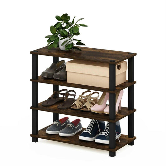 Stackable 4-Shelf Black Brown Wood Shoe Rack - Holds up to 12 Pair of Shoes - FurniFindUSA