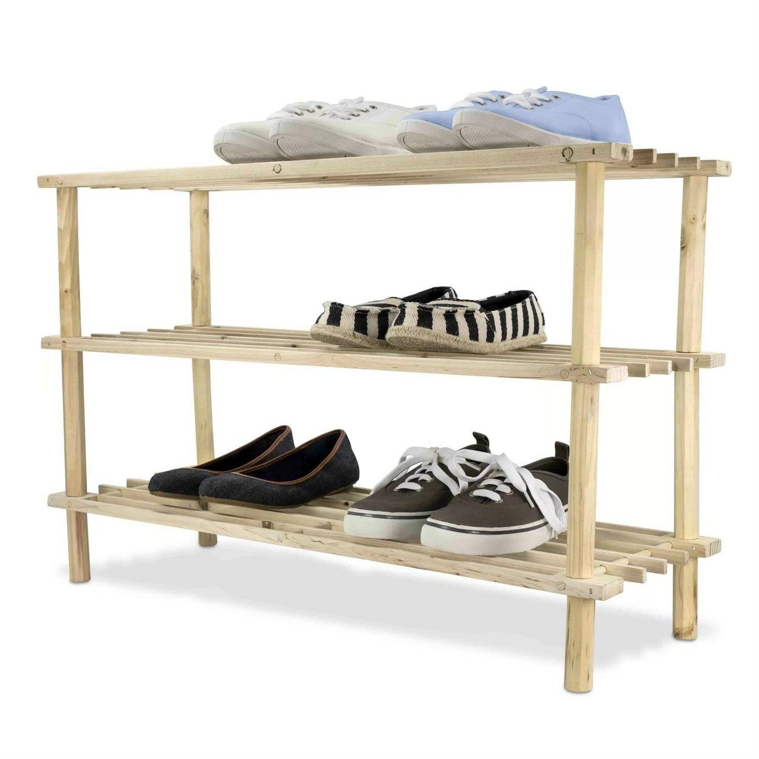 Solid Pine Wood 3-Tier Shoe Rack - Holds up to 12 Pair of Shoes - FurniFindUSA