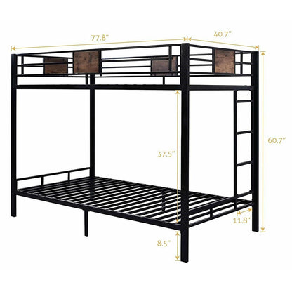 Twin over Twin Heavy Duty Metal Bunk Bed in Black with Side Ladder - FurniFindUSA