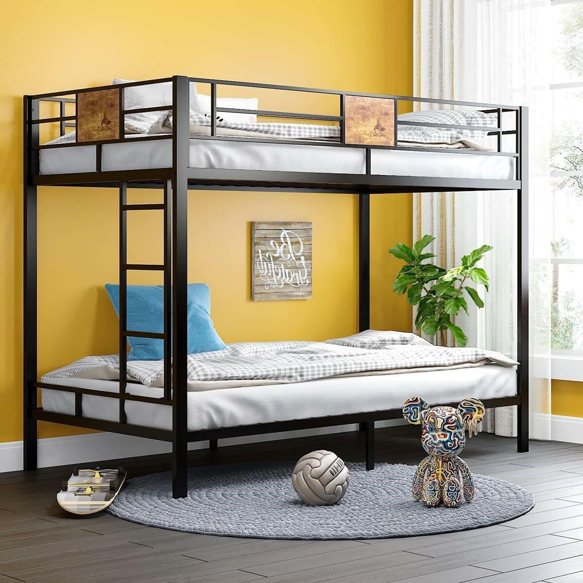 Twin over Twin Heavy Duty Metal Bunk Bed in Black with Side Ladder - FurniFindUSA