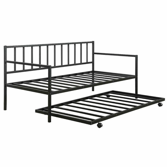 Twin size Black Metal Daybed with Roll-out Trundle Bed Frame - FurniFindUSA