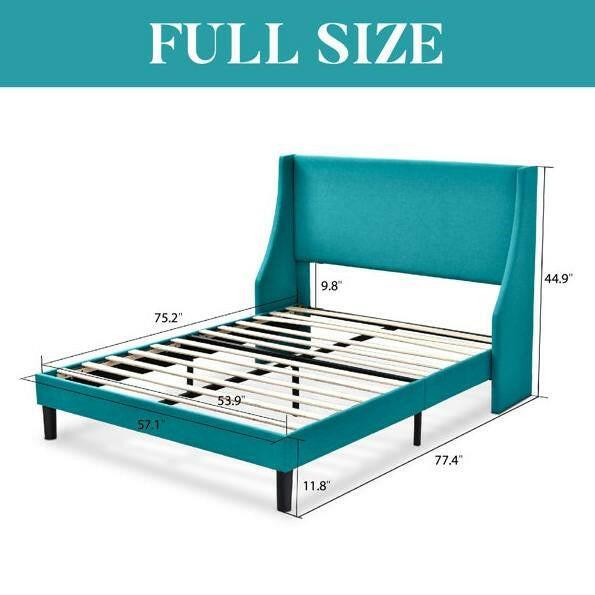 Full Size Turquoise Linen Blend Upholstered Platform Bed with Wingback Headboard - FurniFindUSA