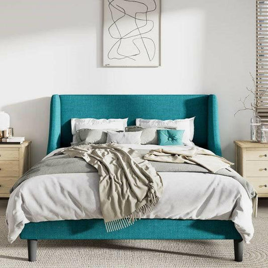 Queen Size Turquoise Linen Blend Upholstered Platform Bed with Wingback Headboard - FurniFindUSA