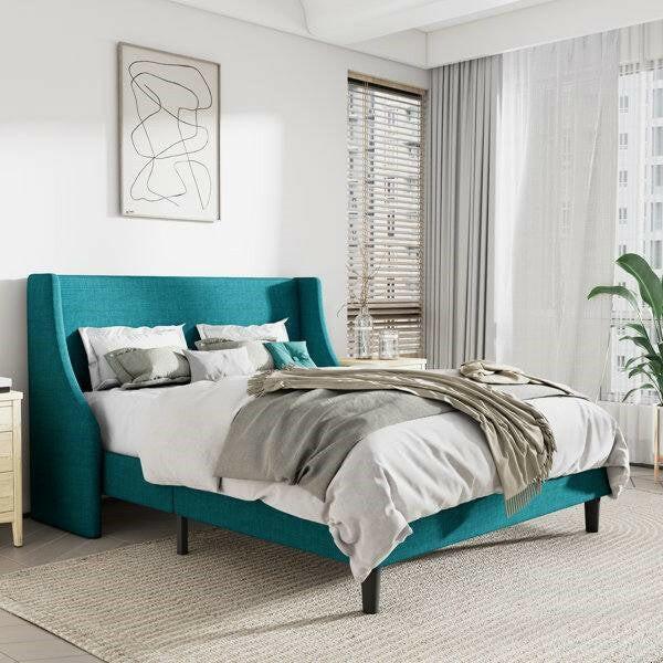 Queen Size Turquoise Linen Blend Upholstered Platform Bed with Wingback Headboard - FurniFindUSA