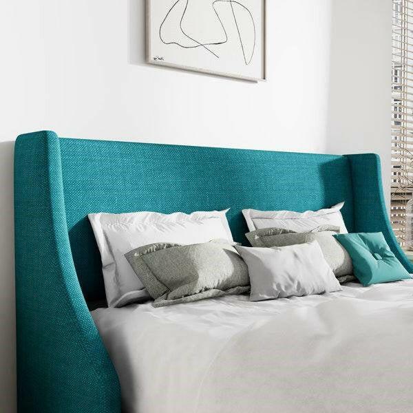 Queen Size Turquoise Linen Blend Upholstered Platform Bed with Wingback Headboard - FurniFindUSA