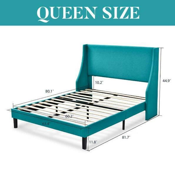 Queen Size Turquoise Linen Blend Upholstered Platform Bed with Wingback Headboard - FurniFindUSA