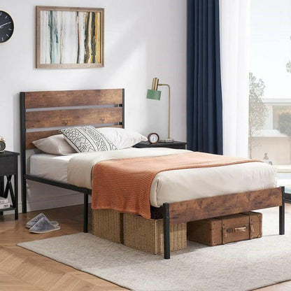 Twin Industrial Platform Bed Frame with Brown Wood Slatted Headboard Footboard - FurniFindUSA
