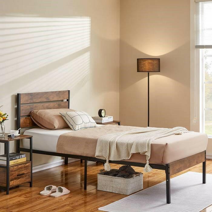 Twin Industrial Platform Bed Frame with Brown Wood Slatted Headboard Footboard - FurniFindUSA