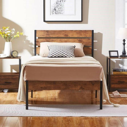 Twin Industrial Platform Bed Frame with Brown Wood Slatted Headboard Footboard - FurniFindUSA