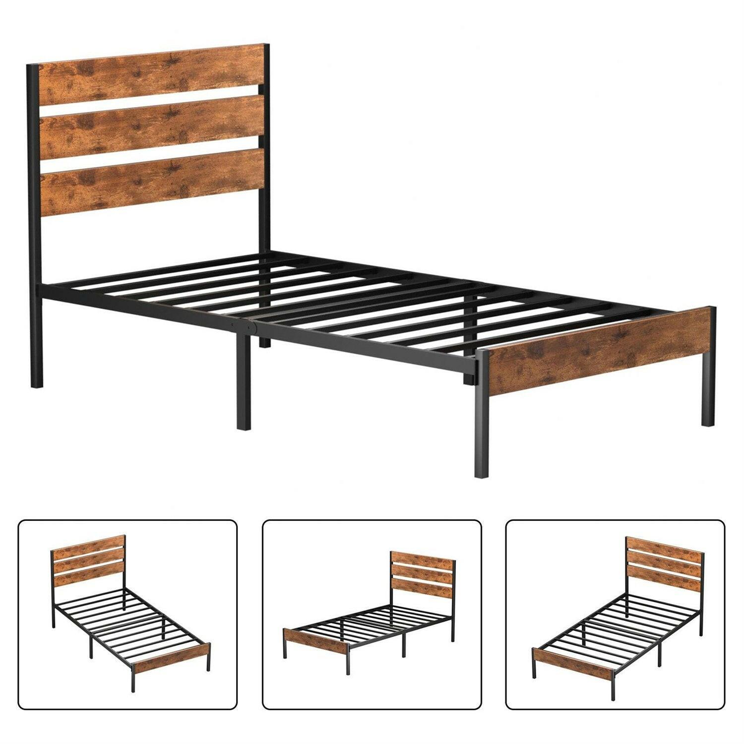 Twin Industrial Platform Bed Frame with Brown Wood Slatted Headboard Footboard - FurniFindUSA