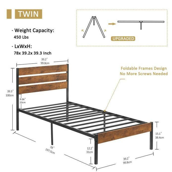 Twin Industrial Platform Bed Frame with Brown Wood Slatted Headboard Footboard - FurniFindUSA
