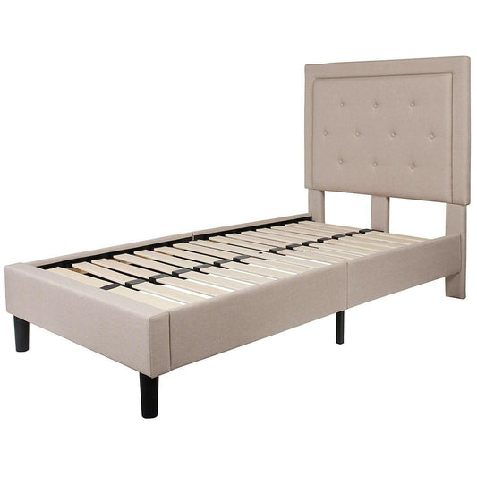 Twin Beige Fabric Upholstered Platform Bed with Button Tufted Headboard - FurniFindUSA