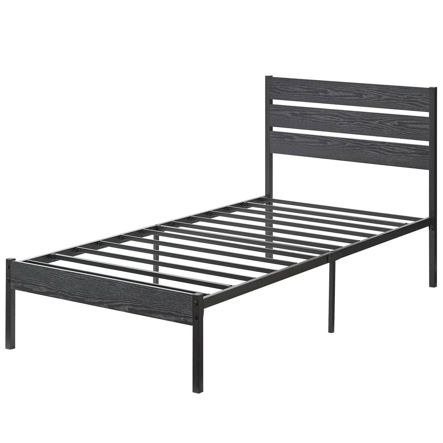 Twin size Industrial Platform Bed Frame with Wood Slatted Headboard in Black - FurniFindUSA