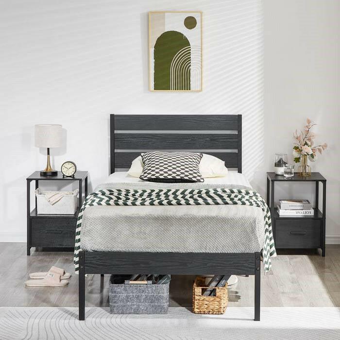 Twin size Industrial Platform Bed Frame with Wood Slatted Headboard in Black - FurniFindUSA