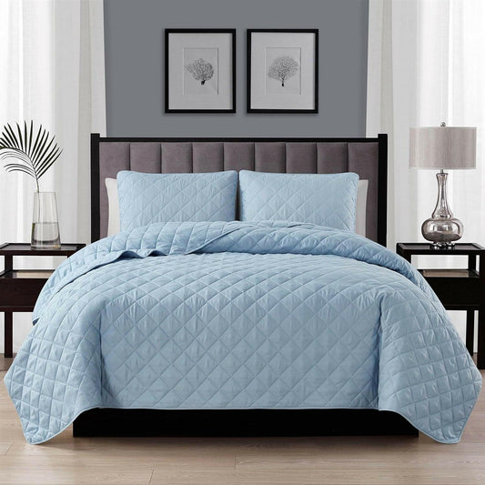 Twin/Twin XL 2-Piece Light Blue Microfiber Reversible Diamond Quilt Set - FurniFindUSA