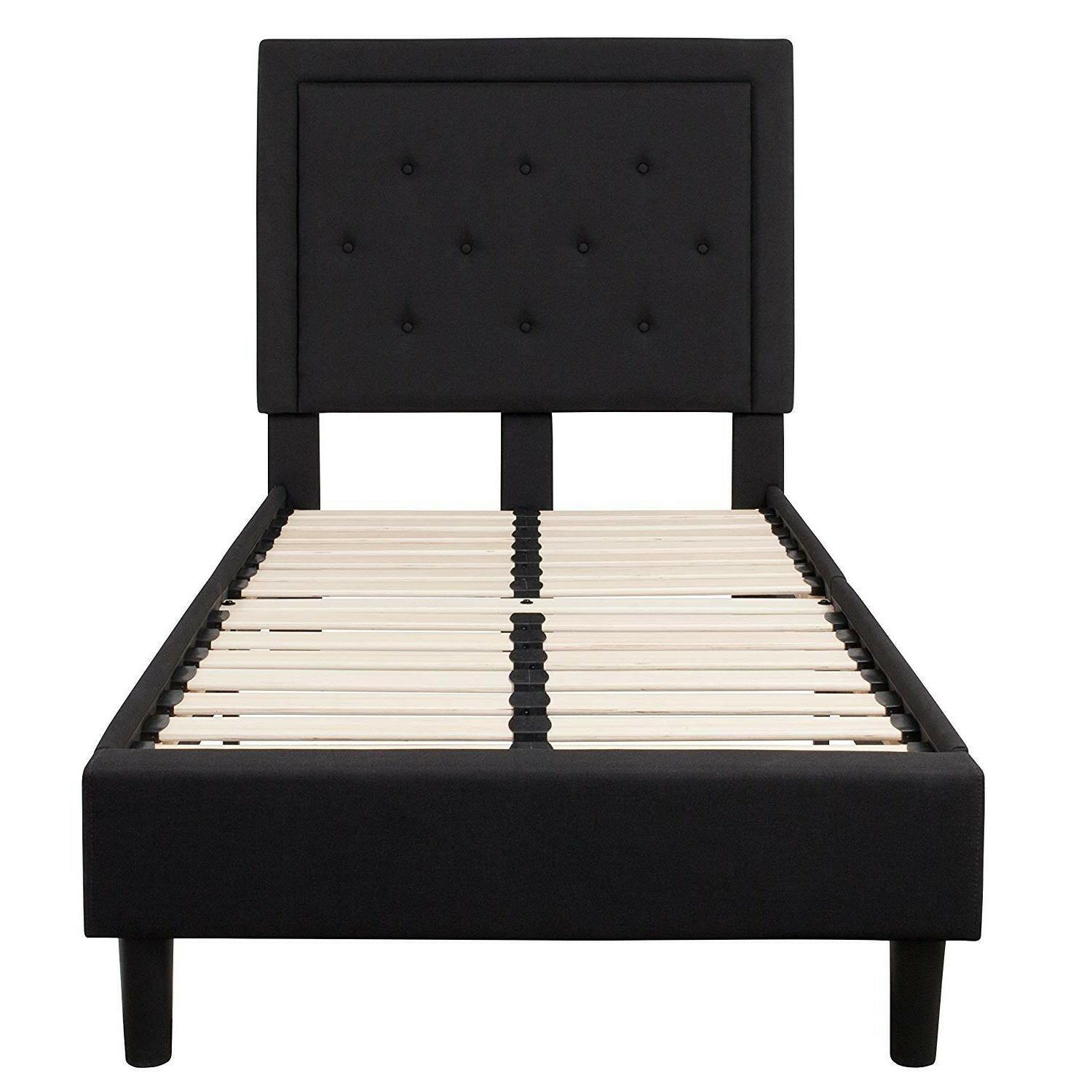 Twin Black Fabric Upholstered Platform Bed Frame with Tufted Headboard - FurniFindUSA