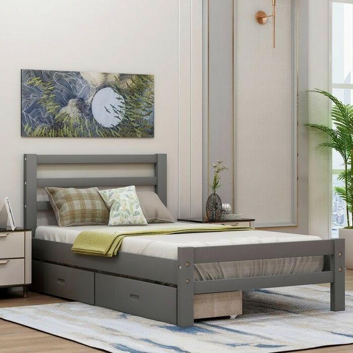 Twin size Gray Low Profile 2 Drawer Storage Platform Bed - FurniFindUSA