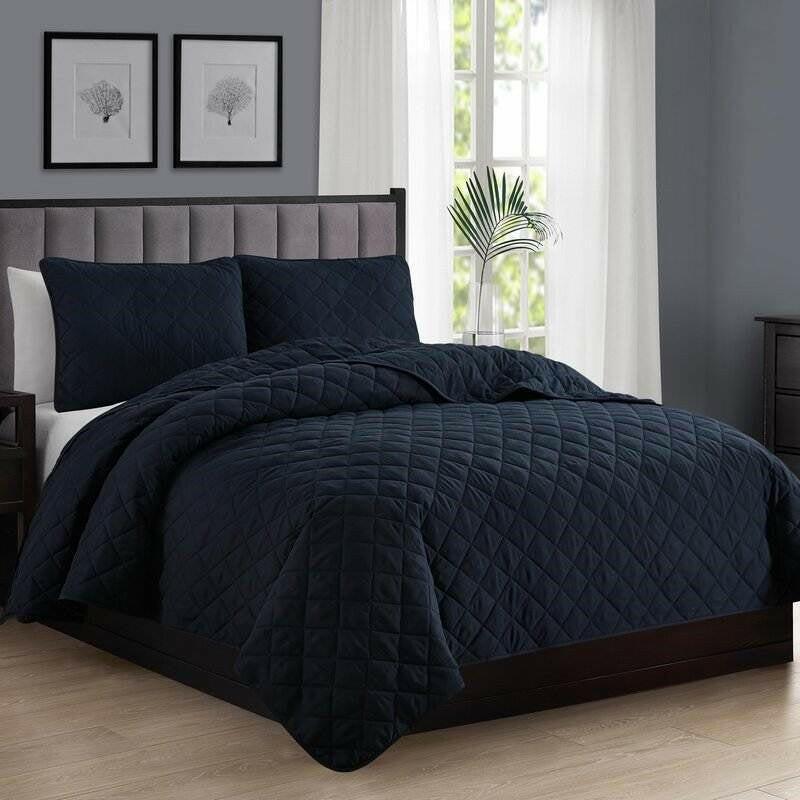 Twin/Twin XL 2-Piece Navy Blue Polyester Microfiber Reversible Diamond Quilt Set - FurniFindUSA