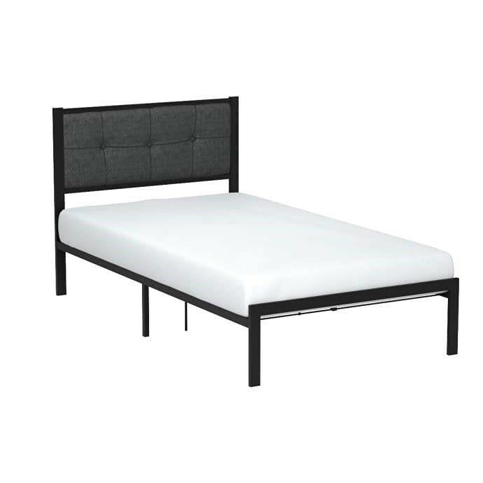 Twin Metal Platform Bed Frame with Gray Button Tufted Upholstered Headboard - FurniFindUSA