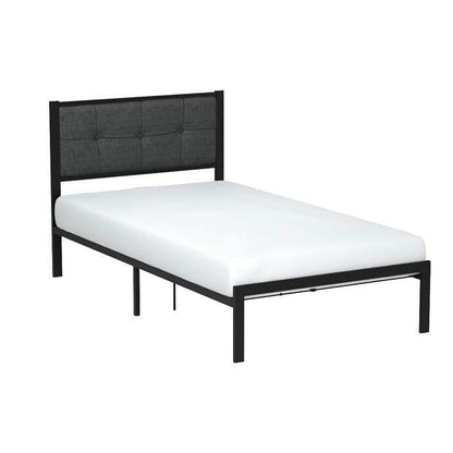 Twin Metal Platform Bed Frame with Gray Button Tufted Upholstered Headboard - FurniFindUSA