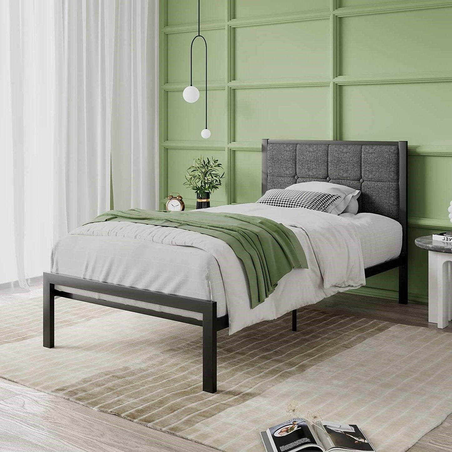 Twin Metal Platform Bed Frame with Gray Button Tufted Upholstered Headboard - FurniFindUSA