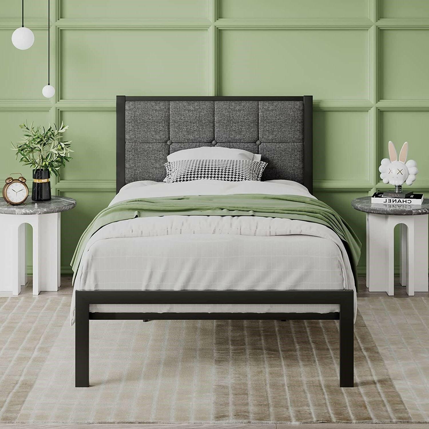 Twin Metal Platform Bed Frame with Gray Button Tufted Upholstered Headboard - FurniFindUSA
