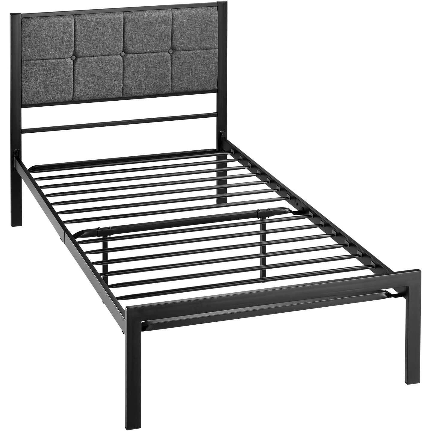 Twin Metal Platform Bed Frame with Gray Button Tufted Upholstered Headboard - FurniFindUSA