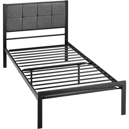 Twin Metal Platform Bed Frame with Gray Button Tufted Upholstered Headboard - FurniFindUSA