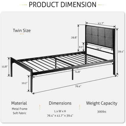 Twin Metal Platform Bed Frame with Gray Button Tufted Upholstered Headboard - FurniFindUSA