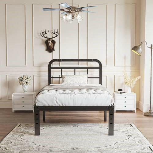 Twin XL Size Heavy Duty Black Metal Platform Bed Frame with Headboard - FurniFindUSA