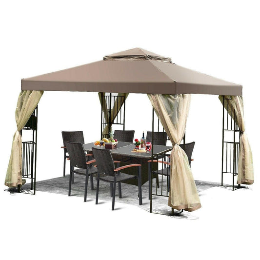 10 x 10 Ft Outdoor Patio Gazebo with Taupe Brown Canopy and Mesh Sidewalls - FurniFindUSA