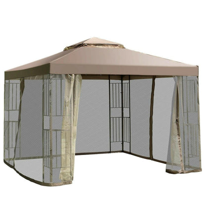 10 x 10 Ft Outdoor Patio Gazebo with Taupe Brown Canopy and Mesh Sidewalls - FurniFindUSA