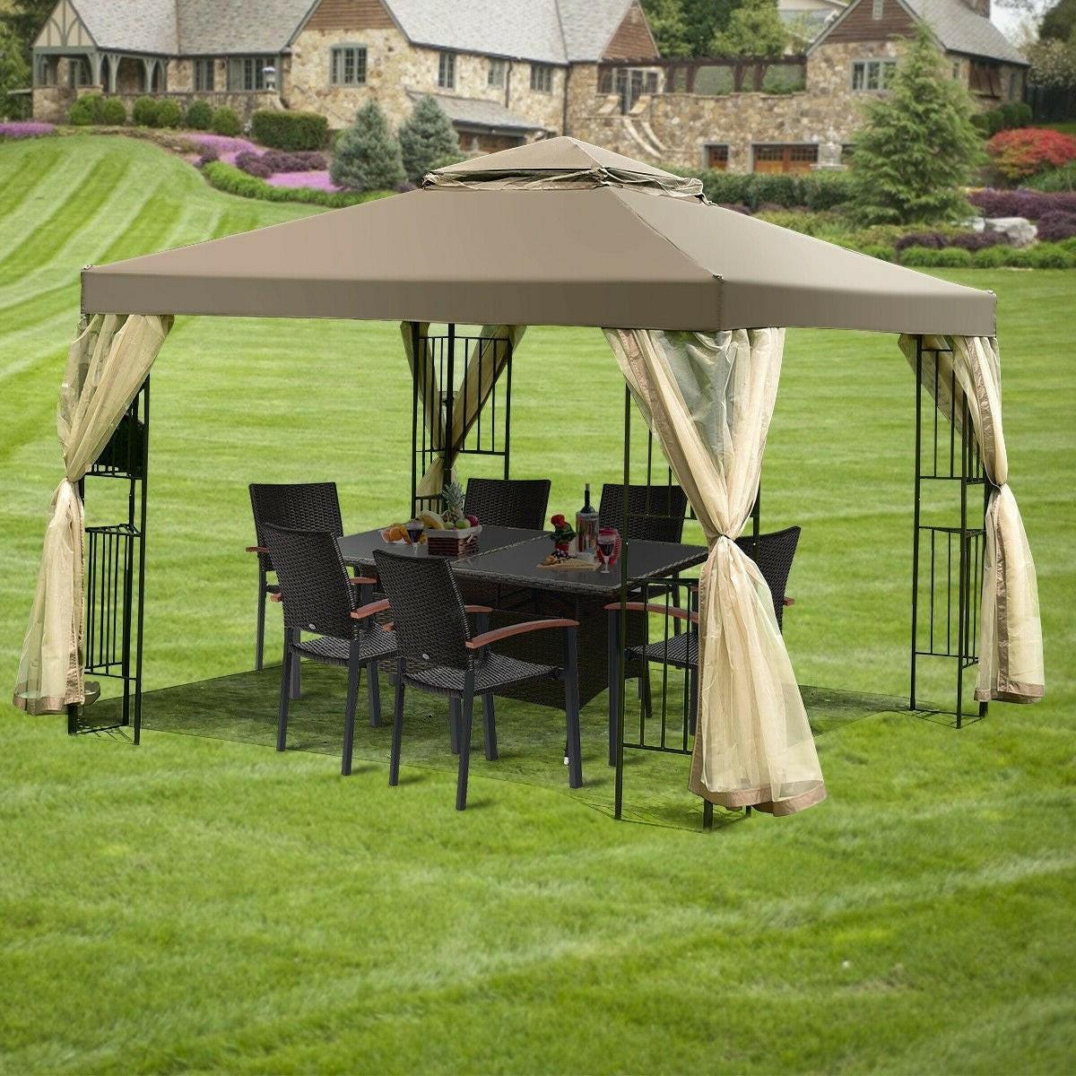 10 x 10 Ft Outdoor Patio Gazebo with Taupe Brown Canopy and Mesh Sidewalls - FurniFindUSA