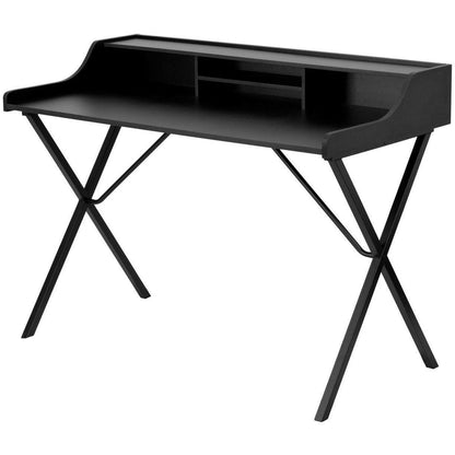 Modern Black Office Table Computer Desk with Raised Top Shelf - FurniFindUSA