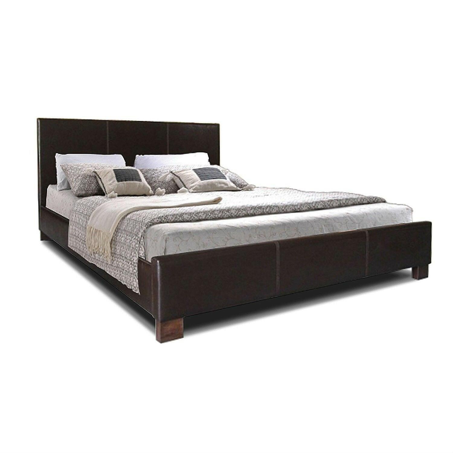 Queen size Dark Brown Faux Leather Upholstered Platform Bed Frame with Headboard - FurniFindUSA