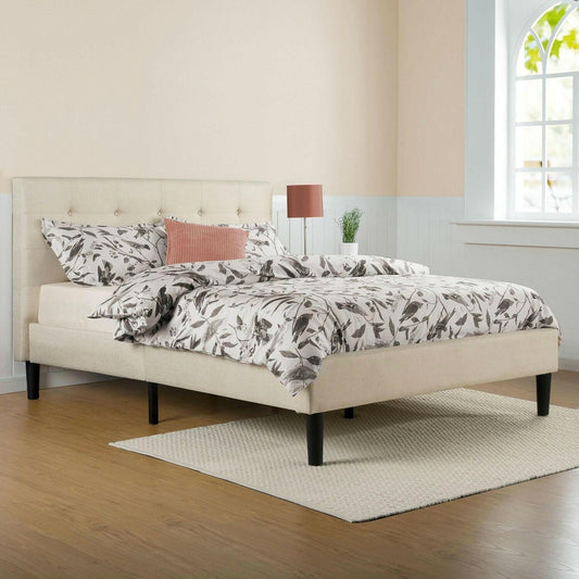 Queen size Taupe Beige Upholstered Platform Bed Frame with Headboard - FurniFindUSA