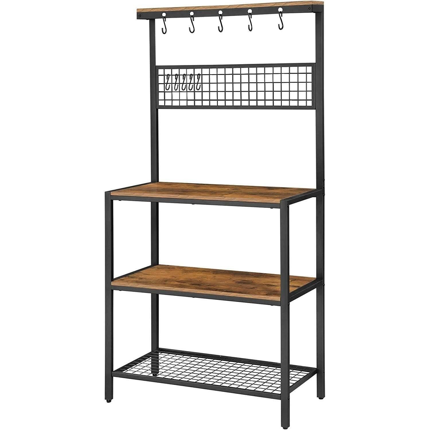 3-Shelf Black Metal Rustic Brown Wood Kitchen Baker's Rack Microwave Stand - FurniFindUSA