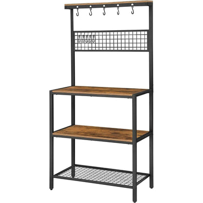 3-Shelf Black Metal Rustic Brown Wood Kitchen Baker's Rack Microwave Stand - FurniFindUSA