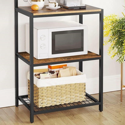 3-Shelf Black Metal Rustic Brown Wood Kitchen Baker's Rack Microwave Stand - FurniFindUSA