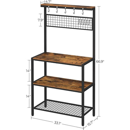 3-Shelf Black Metal Rustic Brown Wood Kitchen Baker's Rack Microwave Stand - FurniFindUSA