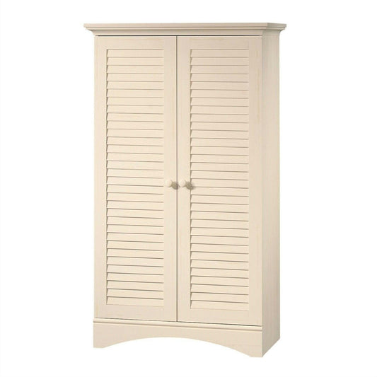 Antique White Finish Wardrobe Armoire Storage Cabinet with Louver Doors - FurniFindUSA